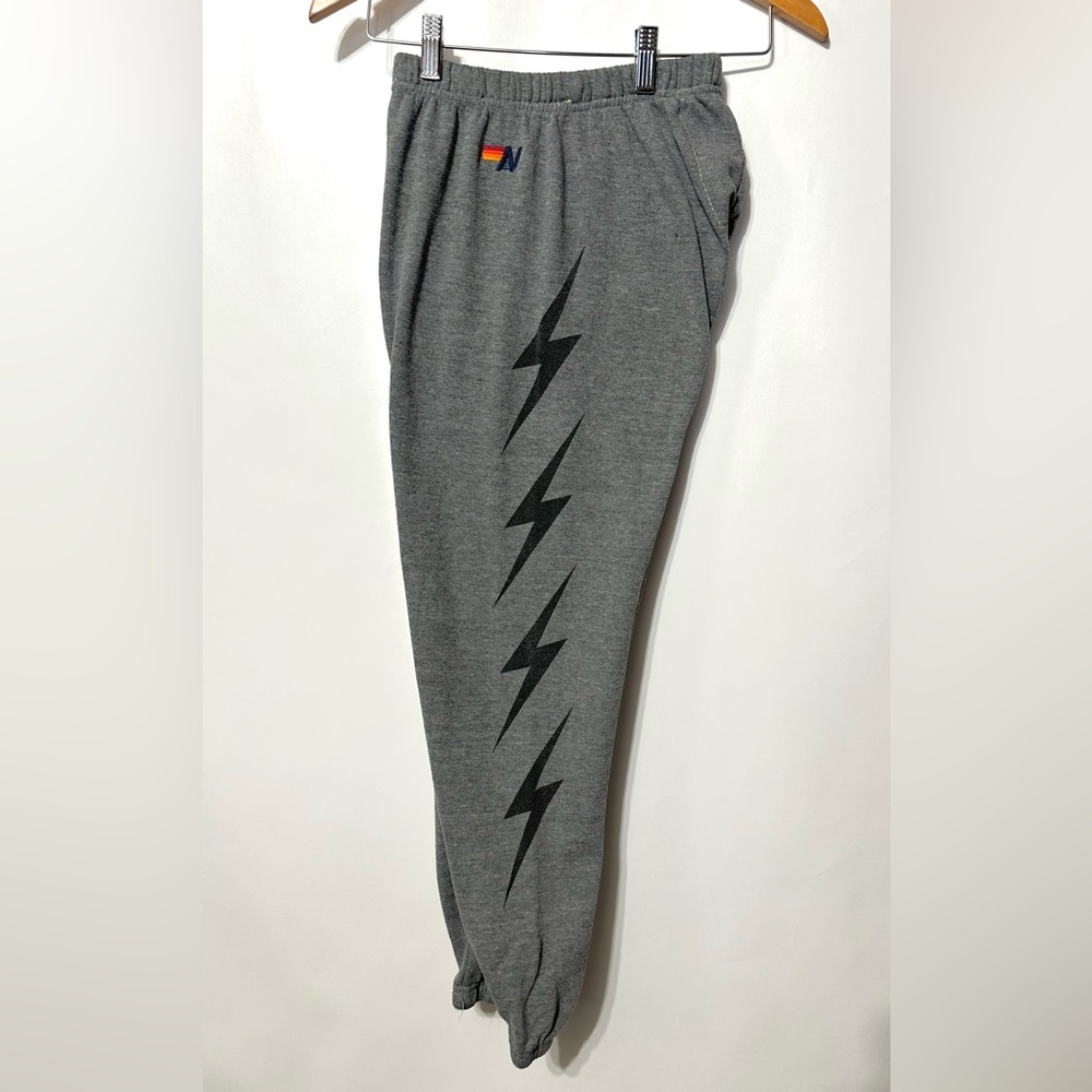 Aviator Nation Women's Sweatpants 4 Bolt Black Grey Pull On Tapered Small